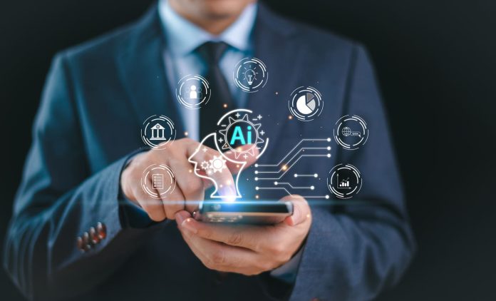 AI tech help business concept. Businessman connect robot Chat AI, command prompt generates futuristic transformation. Artificial intelligence technology assistance. Technology customer service AI Personal Assistants