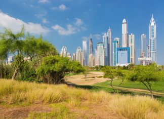 Dubai modern skyscrapers and park