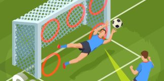 Football soccer isometric people composition with human character of player dropping goal into cage