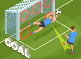 Football soccer isometric people composition with human character of player dropping goal into cage