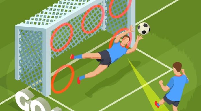 Football soccer isometric people composition with human character of player dropping goal into cage