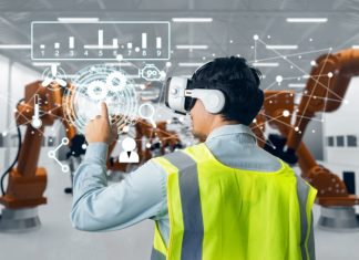 employee wearing VR headset