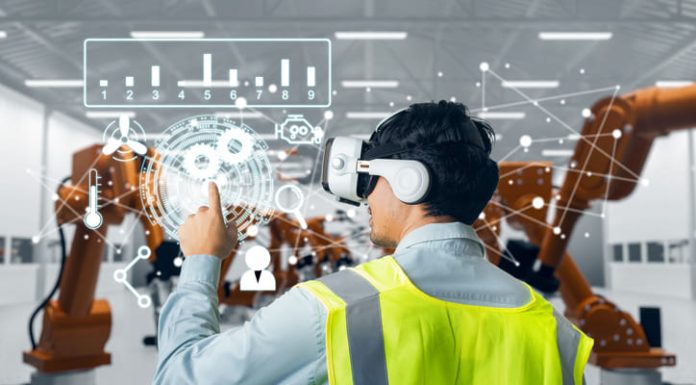 employee wearing VR headset