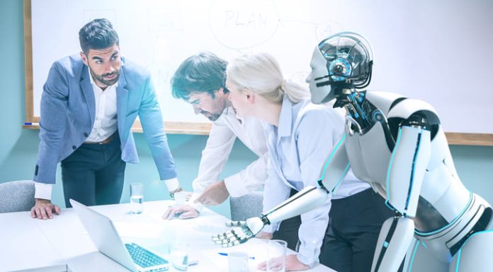 Business people working with robot
