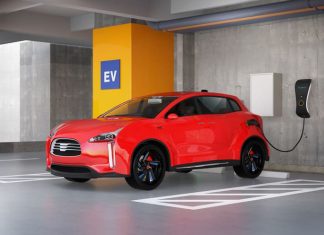electric red SUV recharging