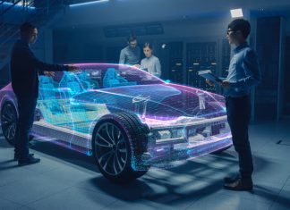Engineers Working on Augmented Reality 3D Model Electric Car