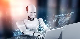 AI robot using laptop