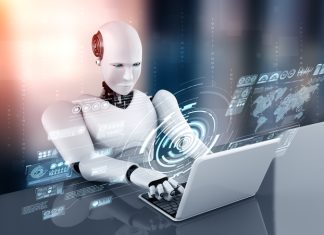 AI robot using laptop