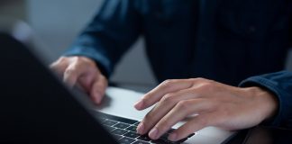 Person are using laptops, working or studying online at home. businessman using laptop work outside the office