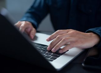 Person are using laptops, working or studying online at home. businessman using laptop work outside the office