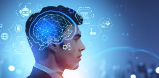 Human with artificial intelligence brain icon