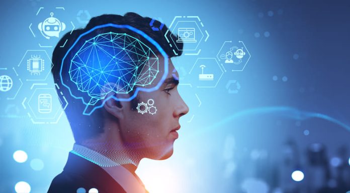 Human with artificial intelligence brain icon