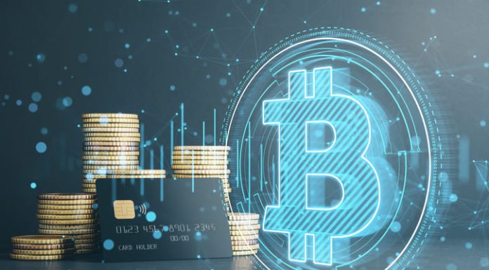 Golden coins and bank card for cryptocurrency and finance