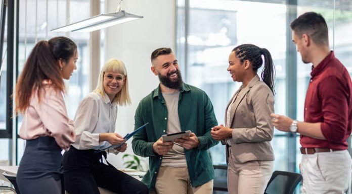 Employees having fun during a discussion