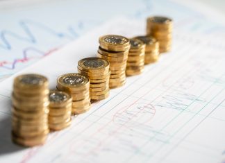 Stack of pound coins on financial graphs and figures balance sheet
