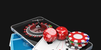 3d Illustration of Mobile phone with Roulette, play card, dice and chips. Online casino concept