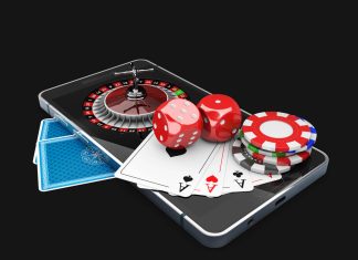 3d Illustration of Mobile phone with Roulette, play card, dice and chips. Online casino concept