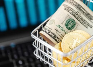 Gold Bitcoin Coins and Cash in a Miniature Shopping Cart