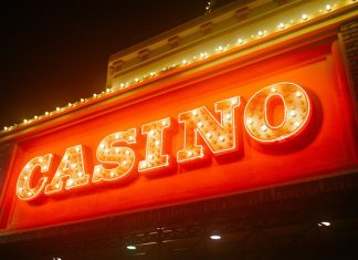 Neon sign of the word casino.