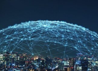 Smart city and communication network concept. 5G. LPWA (Low Power Wide Area). Wireless communication.