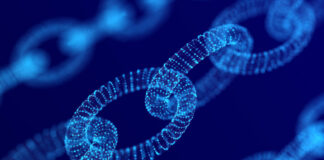 LI.FI: Pioneering Cross-Chain Liquidity Solutions Digital blockchain concept. Futuristic blue background with dots and lines. Abstract wireframe technology chain. 3D rendering.