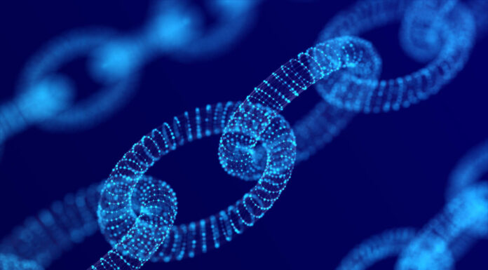 Digital blockchain concept. Futuristic blue background with dots and lines. Abstract wireframe technology chain. 3D rendering.