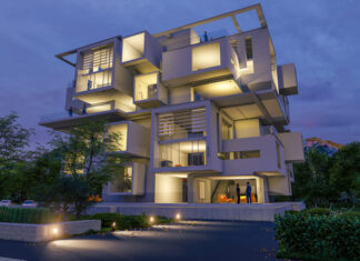 Modern upscale residential building at dusk