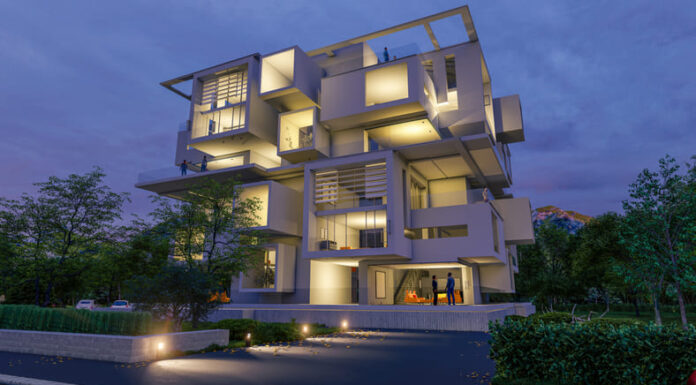 Modern upscale residential building at dusk