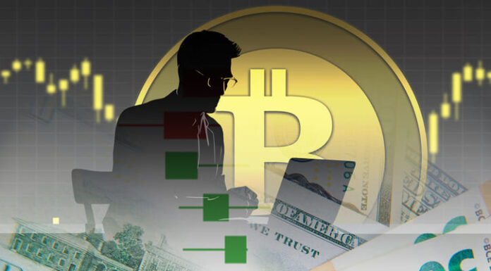 Silhouette of male investor of cryptocurrency trading