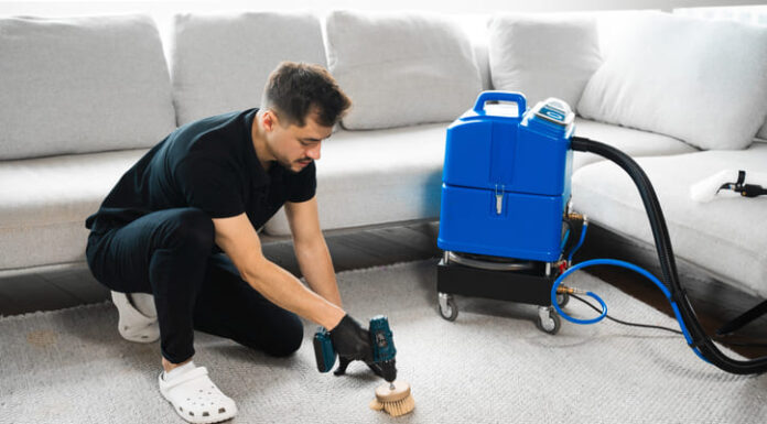 Cleaning the carpet at home using drill and brush