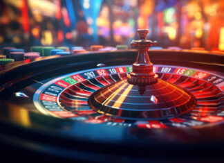 Roulette wheel glimmers amidst bustling casino floor