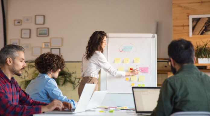 Female manager drawing on whiteboard