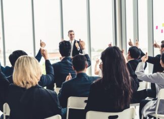 Group of business people meeting in a seminar conference