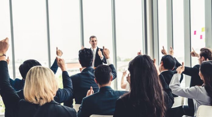 Group of business people meeting in a seminar conference