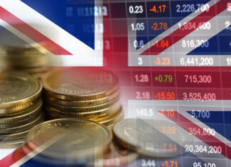 Investment trading financial, coin and United Kingdom England flag