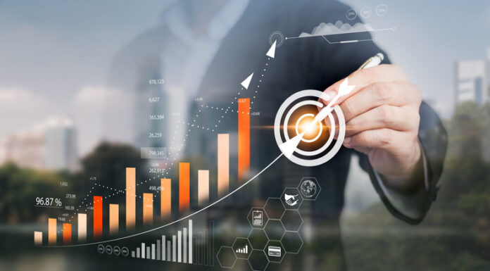 Businessman touching virtual screen Analyzing financial and investment data, planning strategies to increase sales profits