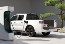 How Installing EV Chargers Can Attract Customers to Your Business White Electric Pickup Truck connected to charging station
