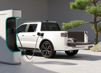 White Electric Pickup Truck connected to charging station