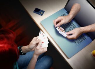 woman playing online casino poker game