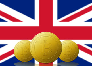 Three Bitcoin cryptocurrency with UNITED KINGDOM flag