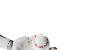The Role of Artificial Intelligence in Baseball Strategy Robot hand holding white baseball ball isolated on white