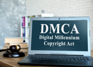 How Hosting Providers Navigate the Complexities of Copyright Protection DMCA Digital Millennium Copyright Act on laptop and gavel.