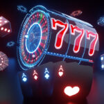 Slots, Games, and Winning Strategies: The Ultimate TopX Casino Experience Roulette Wheel Inside Slot Machine, Playing Cards, Dices And Casino Chips With Red And Blue Neon Lights