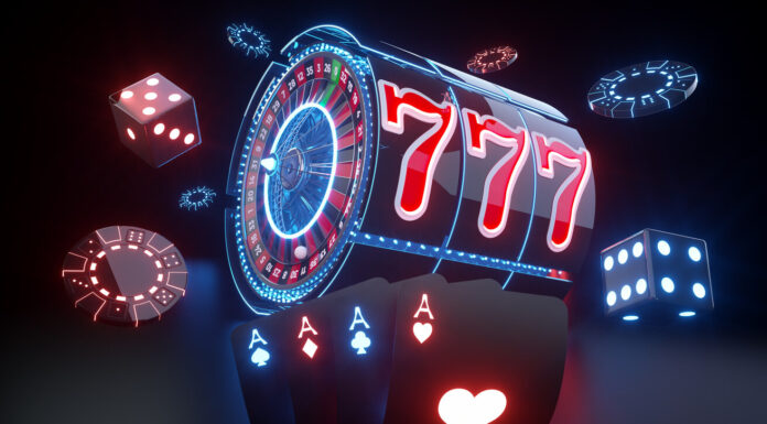 Slots, Games, and Winning Strategies: The Ultimate TopX Casino Experience Roulette Wheel Inside Slot Machine, Playing Cards, Dices And Casino Chips With Red And Blue Neon Lights