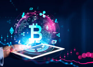 Man hand holding tablet. Screen and cryptocurrency hud hologram with bitcoin and graphs