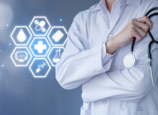 Hand of doctor hold a stethoscope with health icon.