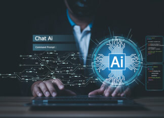 Man using technology smart robot AI, artificial intelligence by enter command prompt for generates something, Futuristic technology transformation.