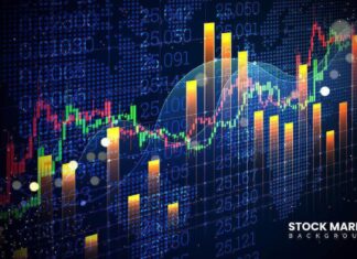 Stock market investment chart with green and red uptrend line.