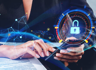 Businesswoman using smartphone, data protection and confidential information
