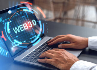 Embracing the Future with Web3 Marketing Agencies Businessman hands typing on laptop, web 3.0 hologram hud with glowing circle on monitor